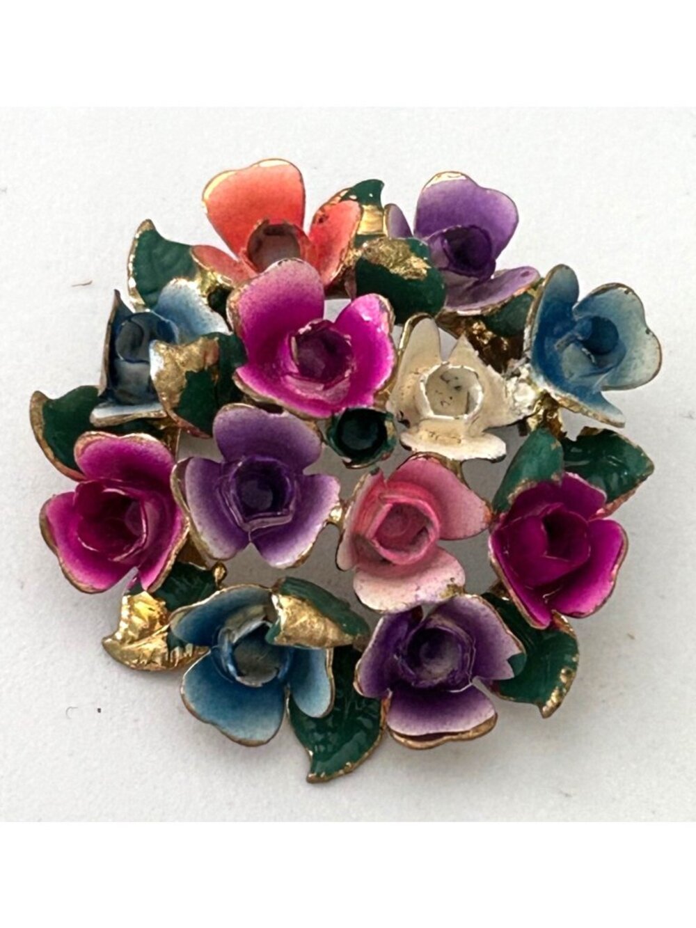 Vintage Multicolor Enamel Big Bunch of Flowers Floral Gold-Tone Brooch Pin